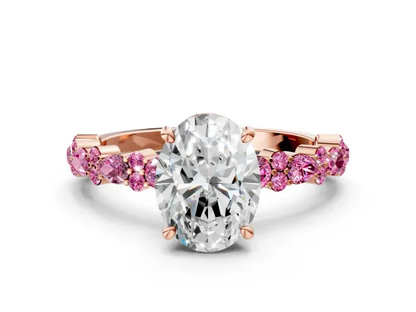 Oval Cut Diamond Side Stone Solitaire Ring with Round Pink Sapphire and Four-Prong Setting Rose gold