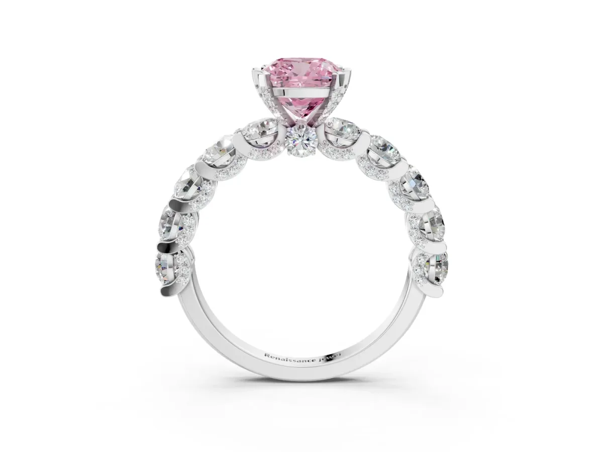 Fancy Pink Cushion Cut Diamond Side Stone Engagement Ring with Four-Prong Setting White gold