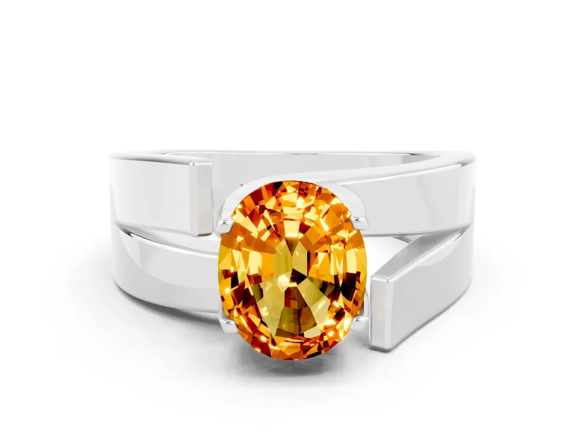 Modern Tension Set Oval Cut Citrine Solitaire Wide Band Ring Platinum