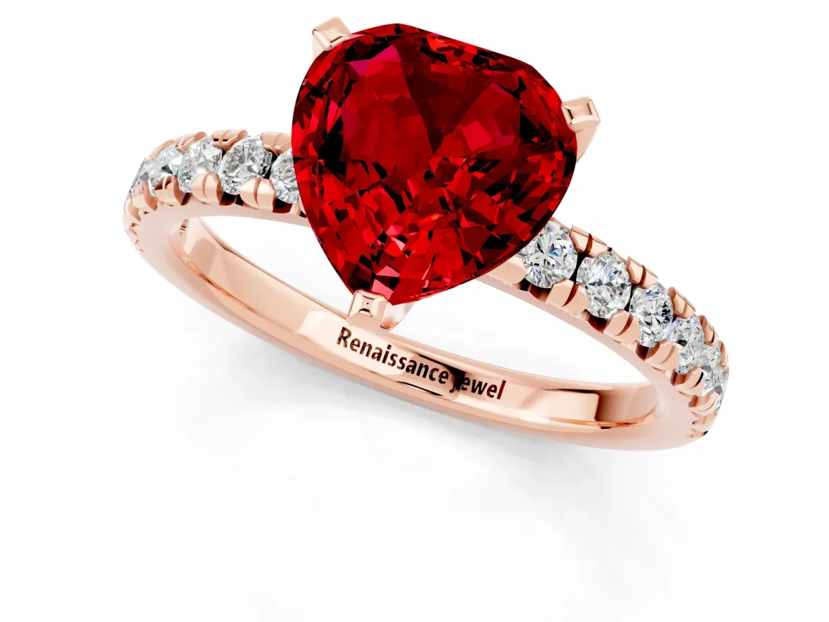 Heart Cut Ruby Solitaire Pavé Engagement Ring with Round Band and Prong Setting Rose gold