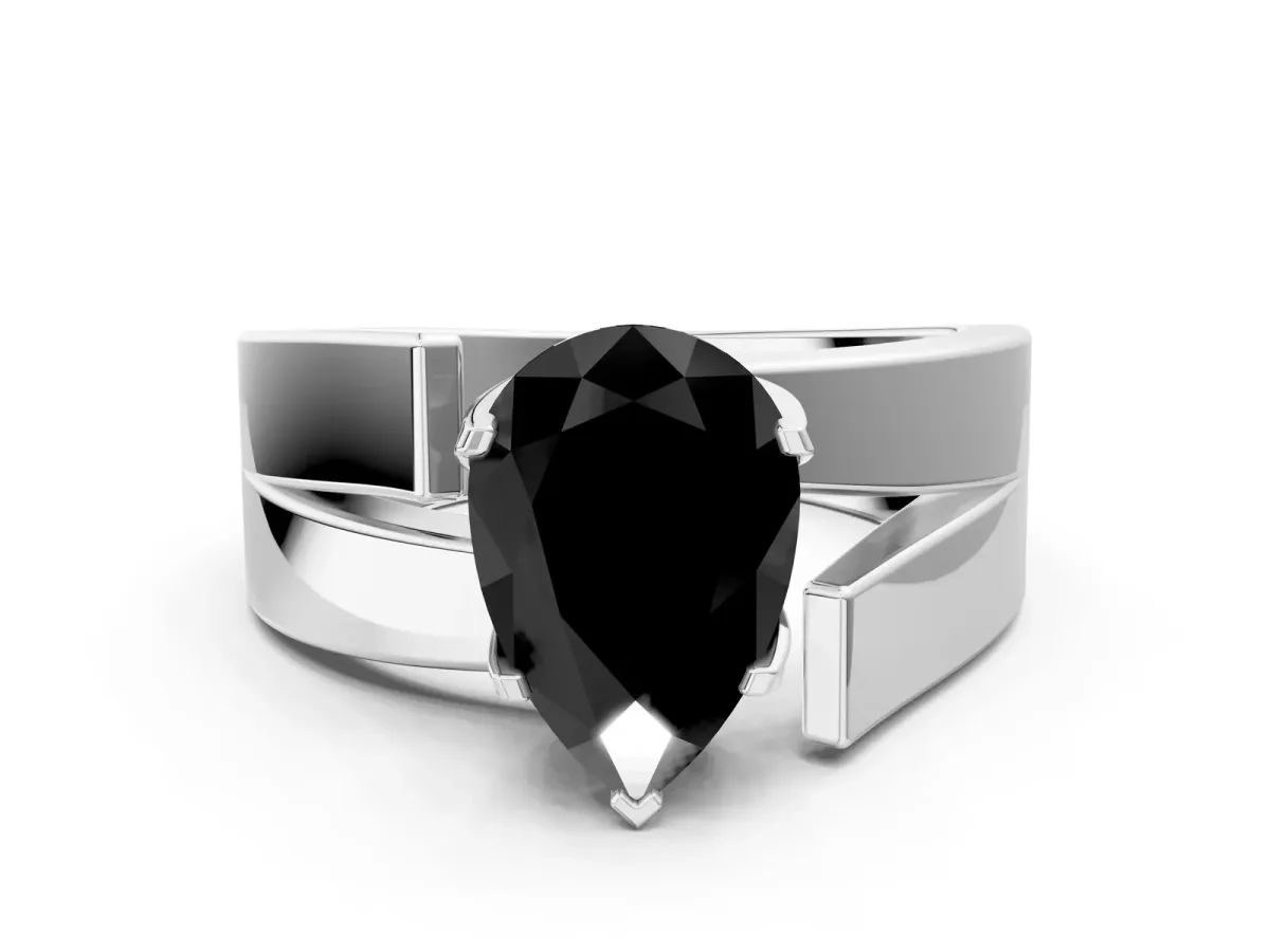 Fancy Black Modern Tension Set Pear Cut Diamond Solitaire Wide Band Ring Silver