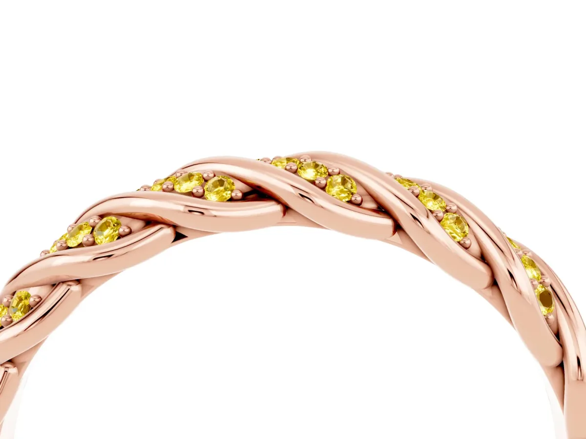 Twisted Pavé Round Yellow Sapphire Eternity Band with Shared Prong Setting Rose gold