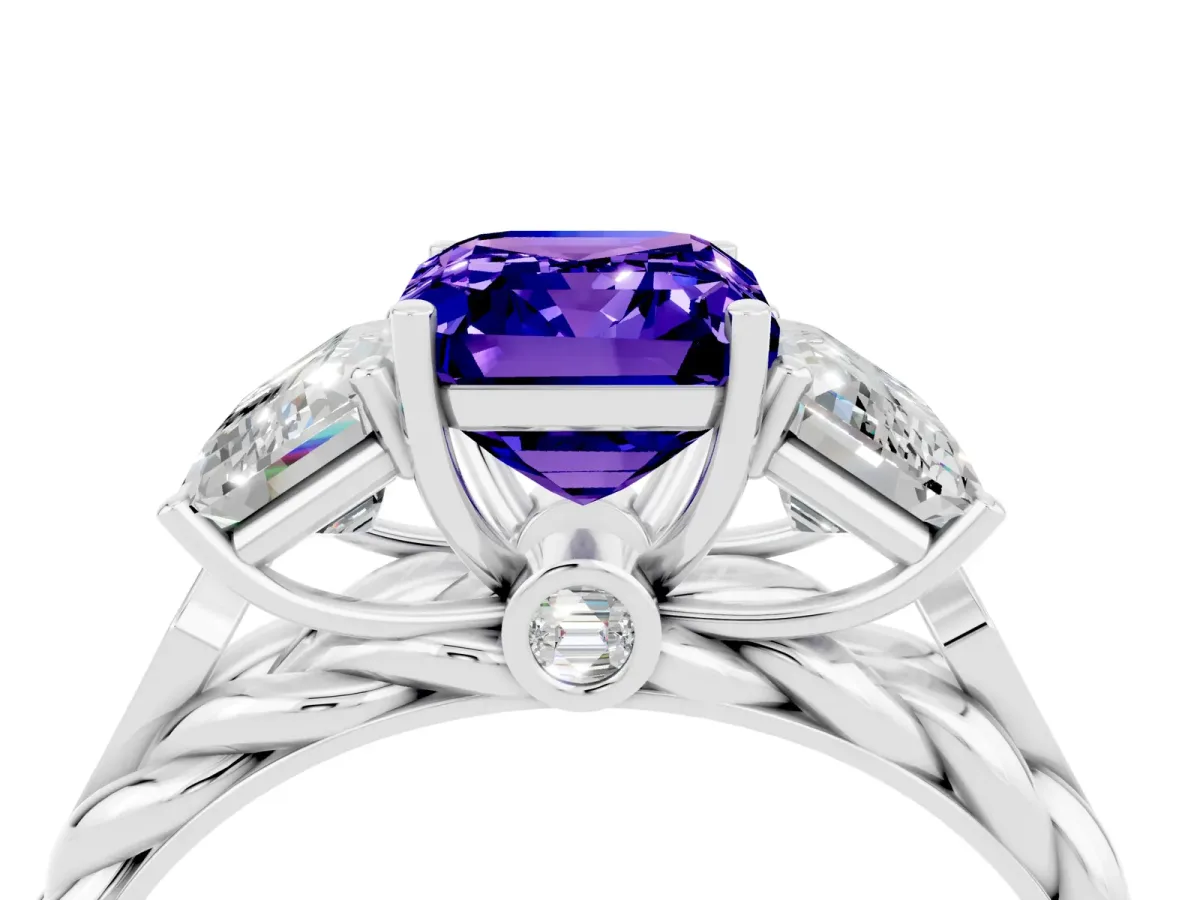 Three-Stone Emerald Cut Tanzanite Braided Band Ring with Four-Prong Setting Platinum