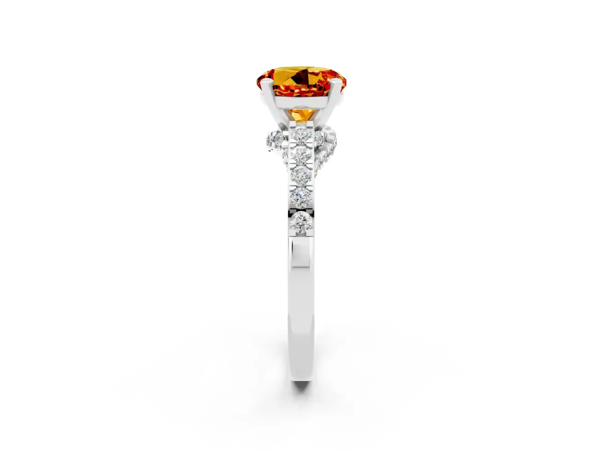 Round Cut Citrine Solitaire Ring with Crossover Gallery and Round Pavé Band Silver