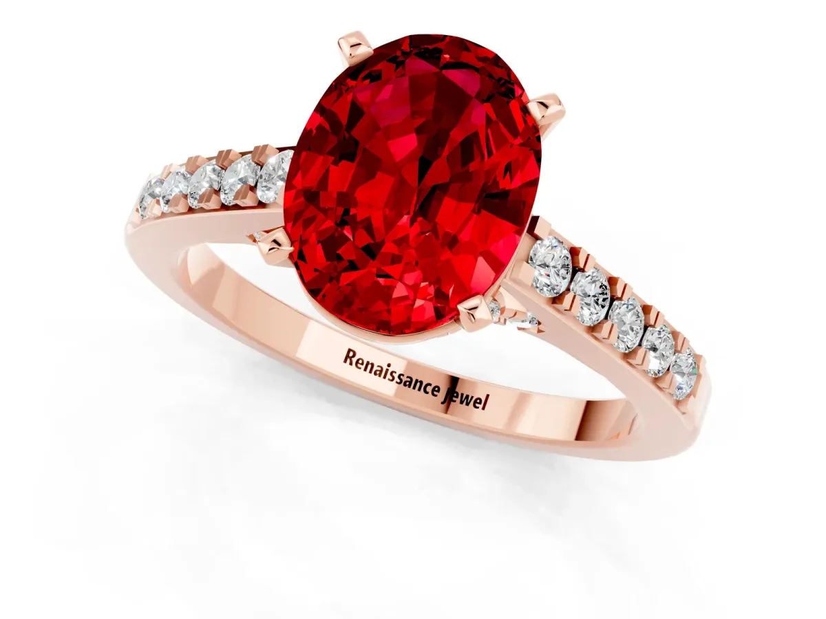 Oval Cut Ruby Solitaire Ring with Crossover Gallery and Round Pavé Band Rose gold