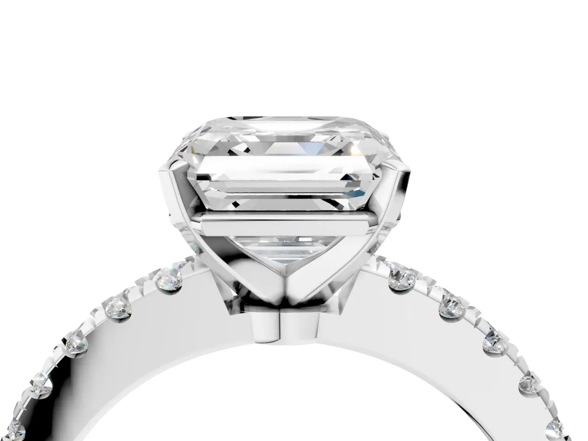 Asscher Cut Solitaire Diamond with Pavé Band and Four-Prong Setting Silver