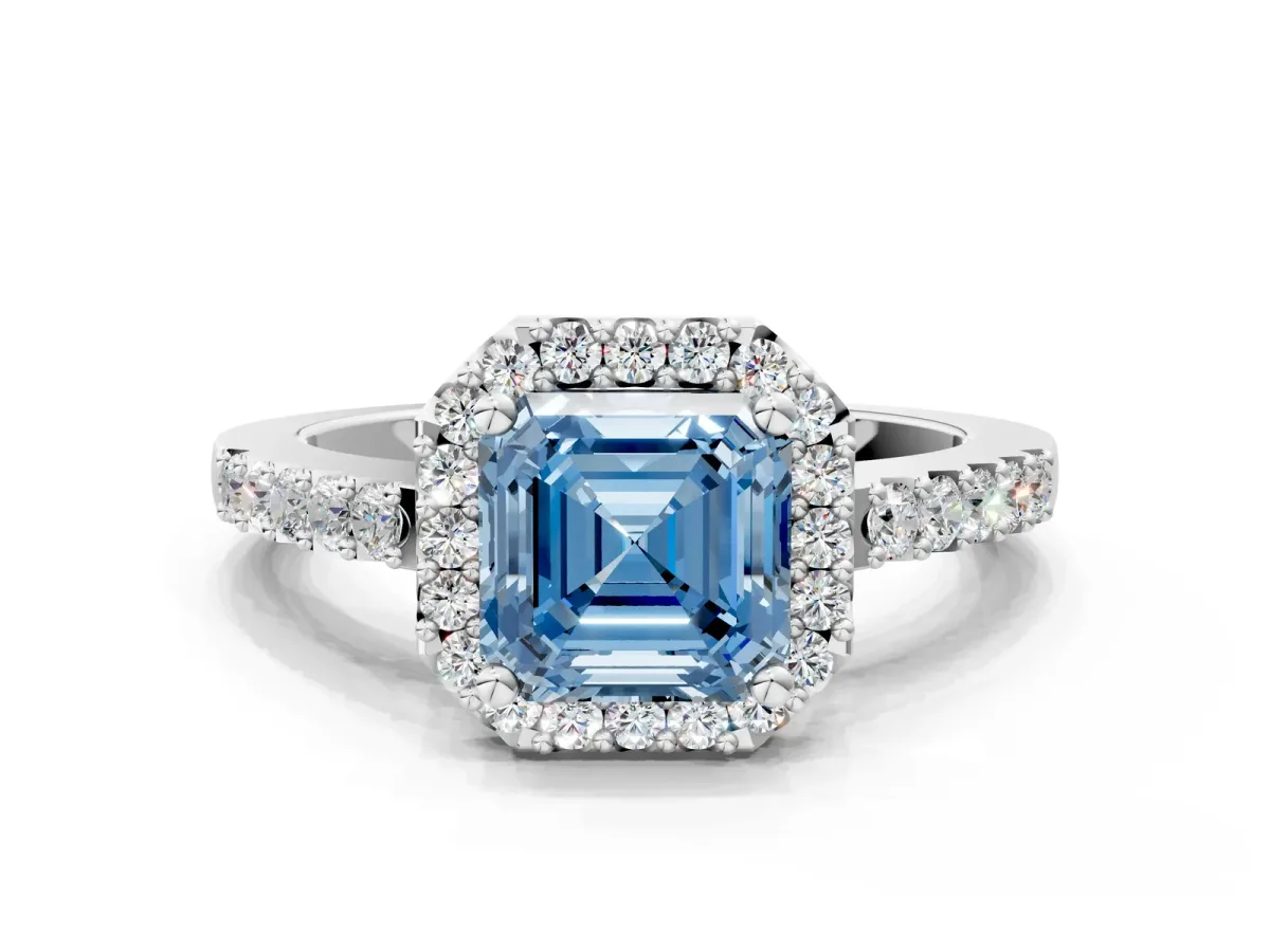 Fancy Blue Asscher Cut Halo Diamond Pavé Solitaire Ring Silver