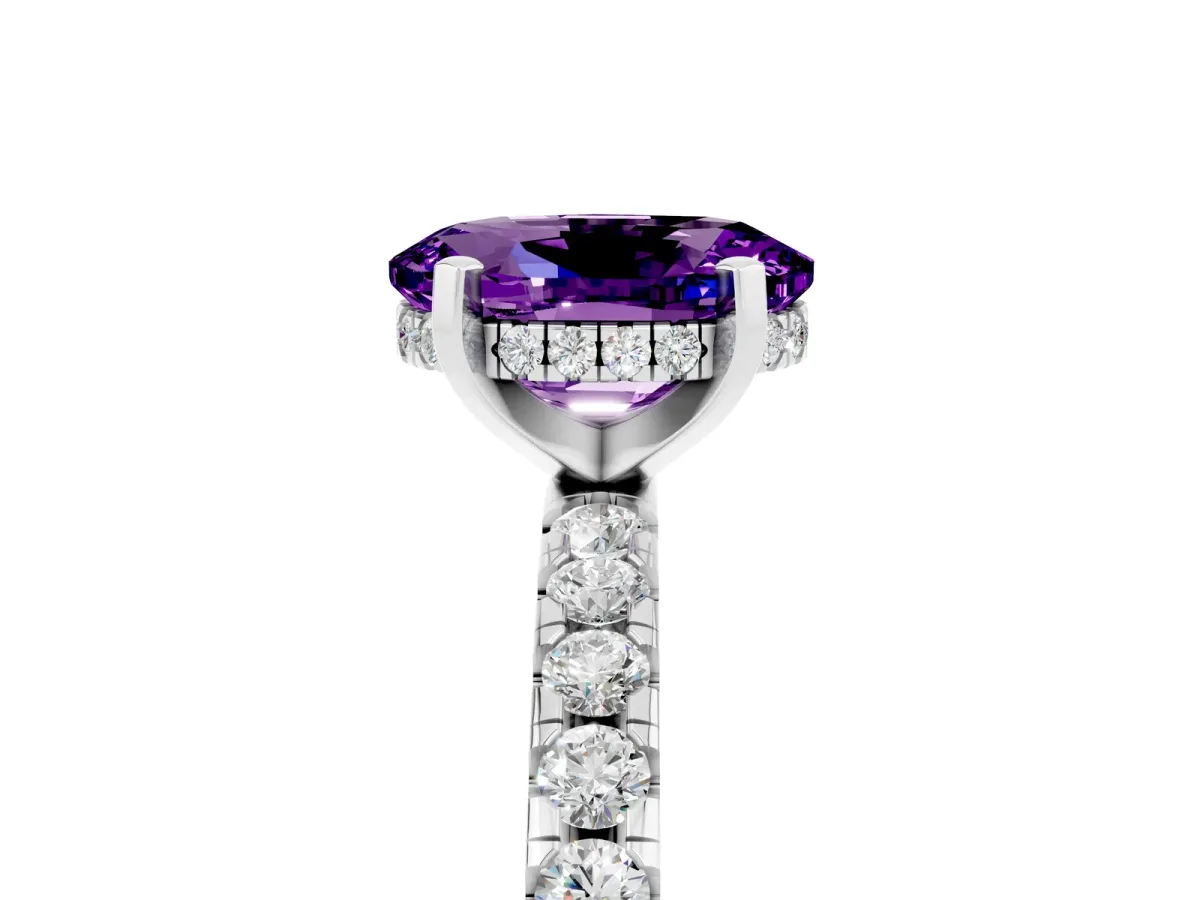 Oval Cut Amethyst Solitaire Ring with Round Pavé Band and Four-Prong Setting Platinum