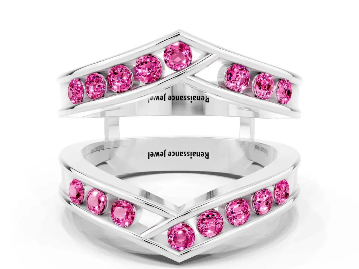 Round Pink Sapphire Channel-Set Chevron Band Silver