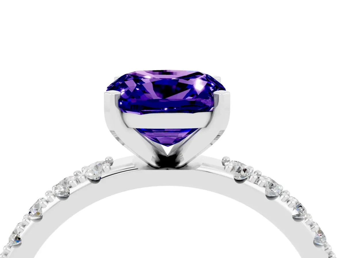 Cushion Cut Tanzanite Solitaire Pavé Band with Four-Prong Setting Silver