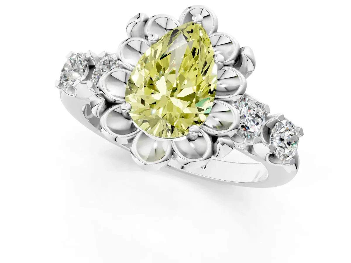Fancy Yellow Pear Cut Cut Diamond Floral Halo Engagement Ring with Shared Prong Setting Silver