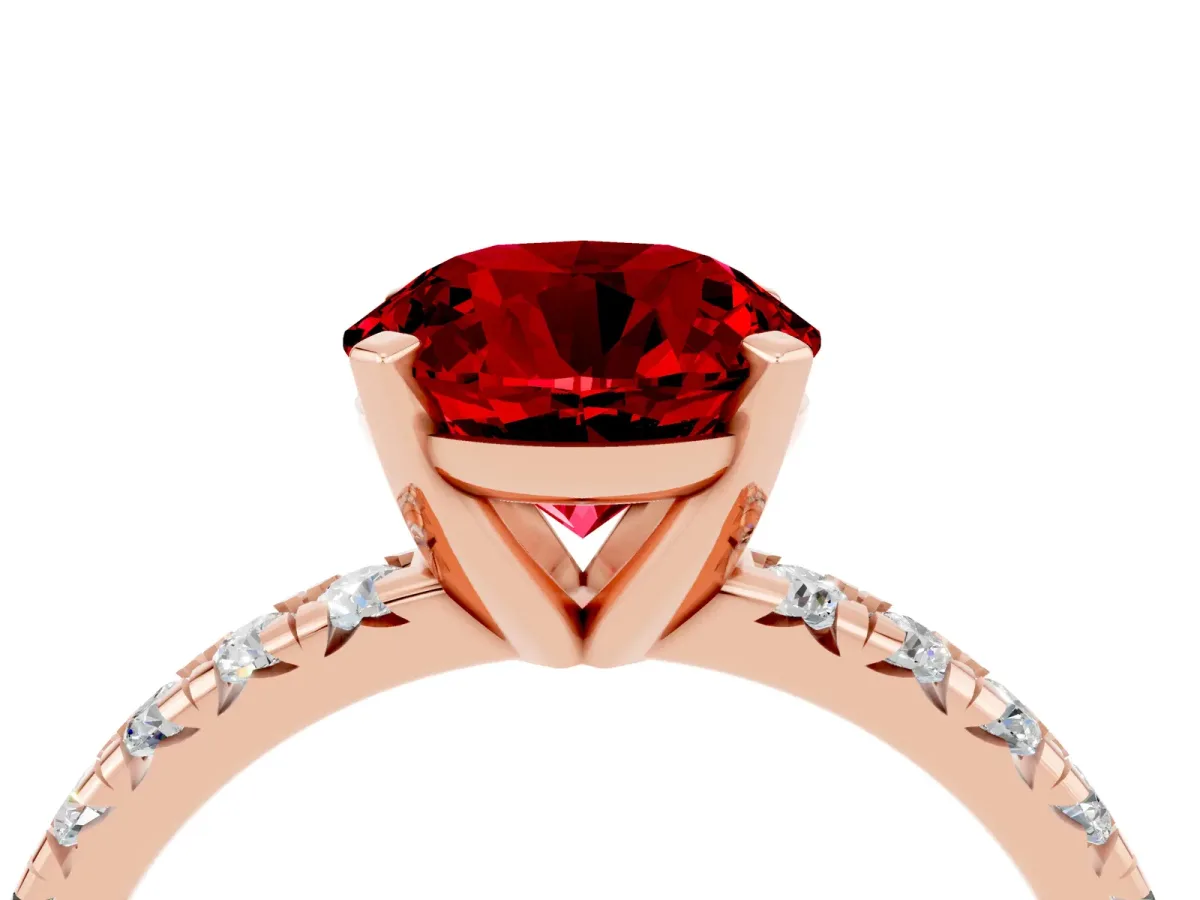 Round Cut Ruby Solitaire Pavé Engagement Ring with Round Band and Prong Setting Rose gold