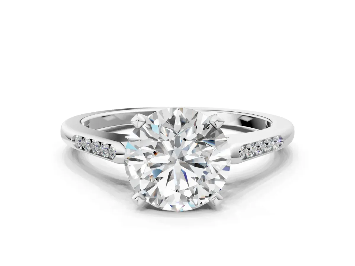 Round Cut Diamond Solitaire Ring with Channel Set Round Band and Prong Setting Silver