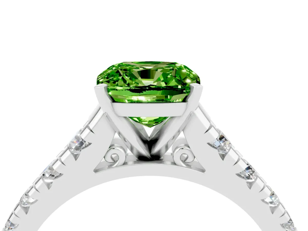 Cushion Cut Peridot Cathedral Solitaire Ring with Round Pavé Band Silver