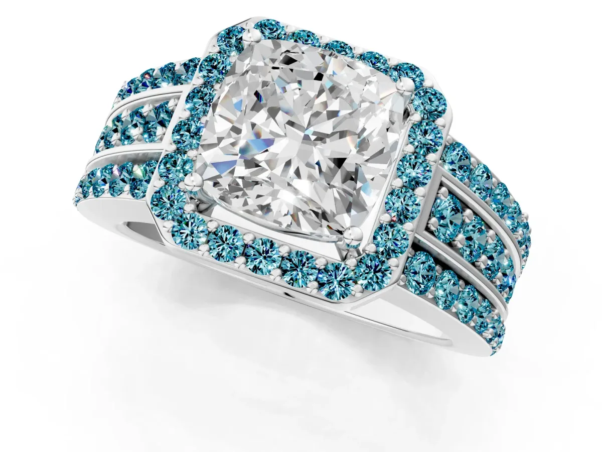 Cushion Cut Halo Diamond Ring with Round Blue Topaz Split Shank and Prong Setting Silver