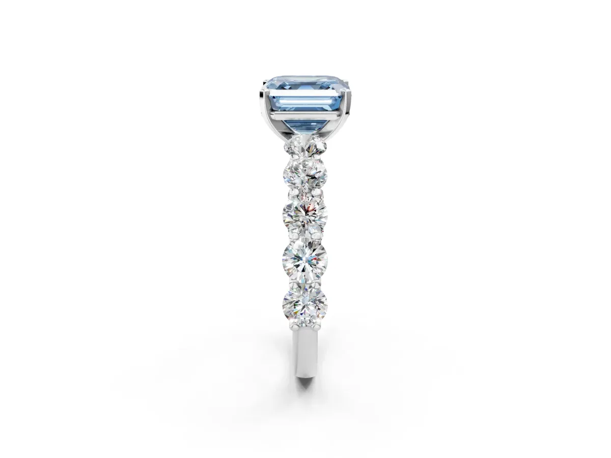 Fancy Blue Asscher Cut Diamond Prong Setting with Side Stones on a Pave Band Silver