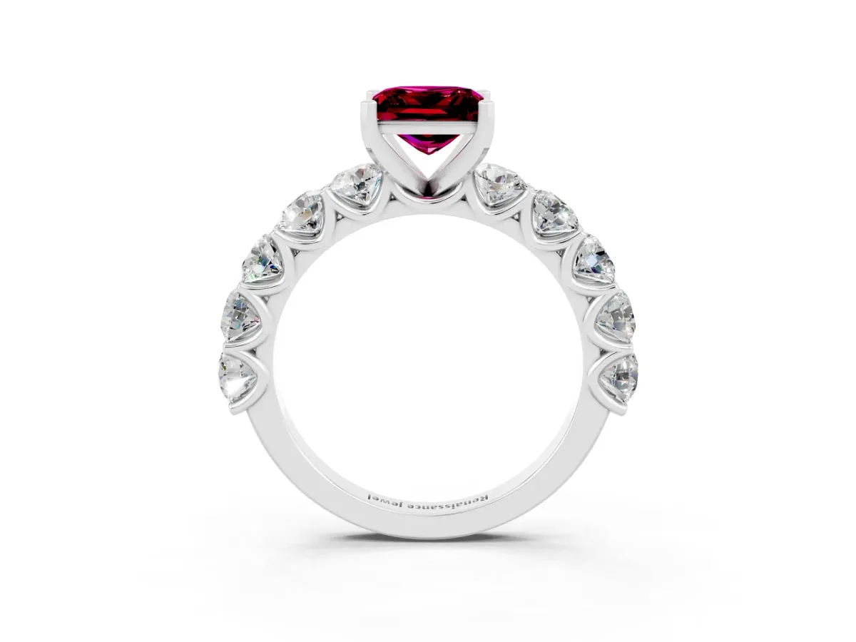 Princess Cut Garnet Prong Setting with Side Stones on a Pave Band Silver