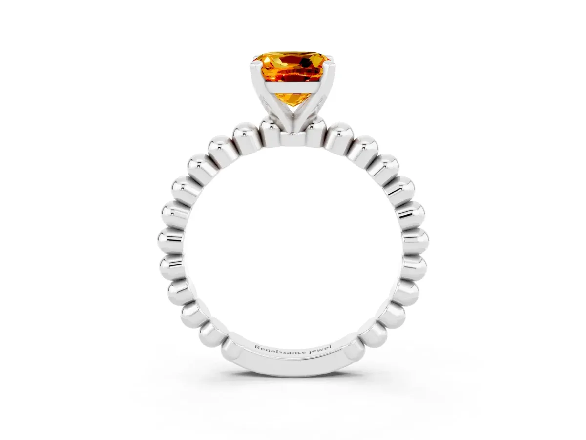 Cushion Cut Citrine Solitaire Ring with Beaded Band and Prong Setting Silver
