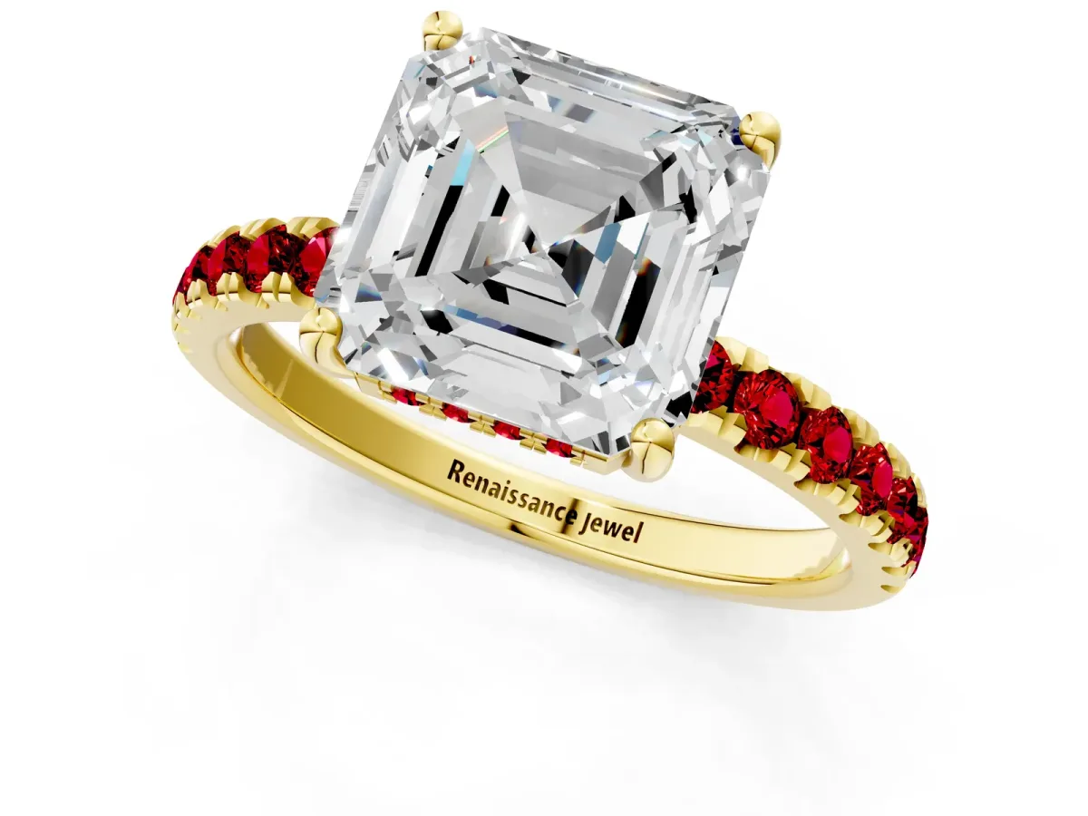 Asscher Cut Diamond Pave Band Solitaire Ring with Round Ruby and Prong Setting Yellow gold