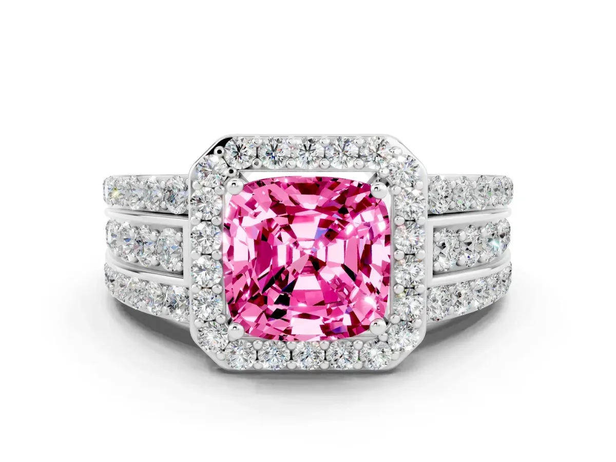 Cushion Cut Halo Pink Sapphire Ring with Round Split Shank and Prong Setting Silver