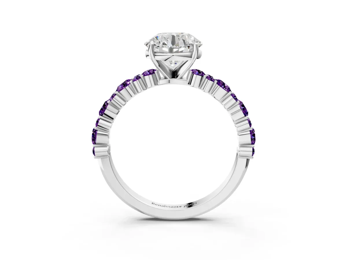 Round Cut Diamond Side Stone Solitaire Ring with Round Amethyst and Four-Prong Setting Platinum