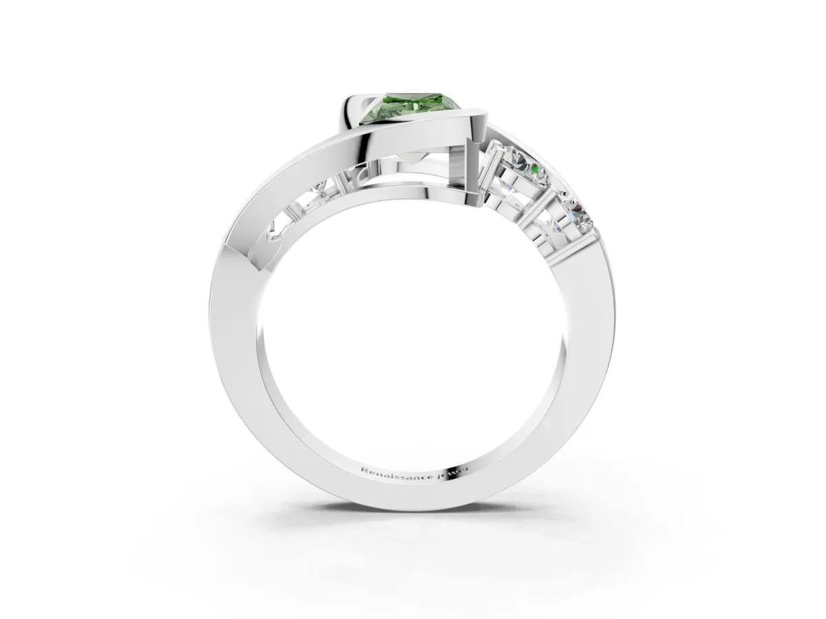 Fancy Green Bezel Set Radiant Cut Diamond Bypass Ring with Round Accents Platinum