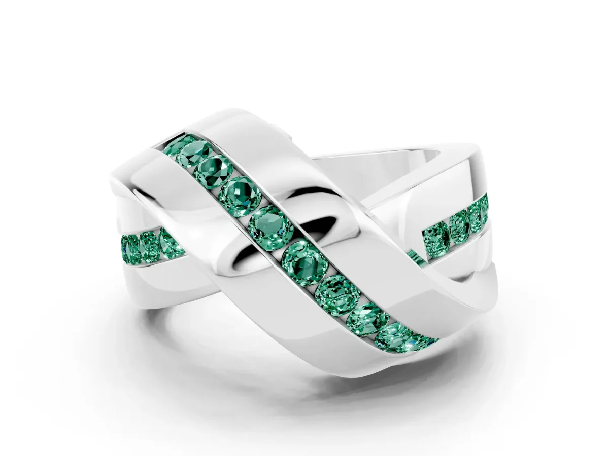 Pavé Round Green Sapphire Crossover Band with Channel Setting White gold