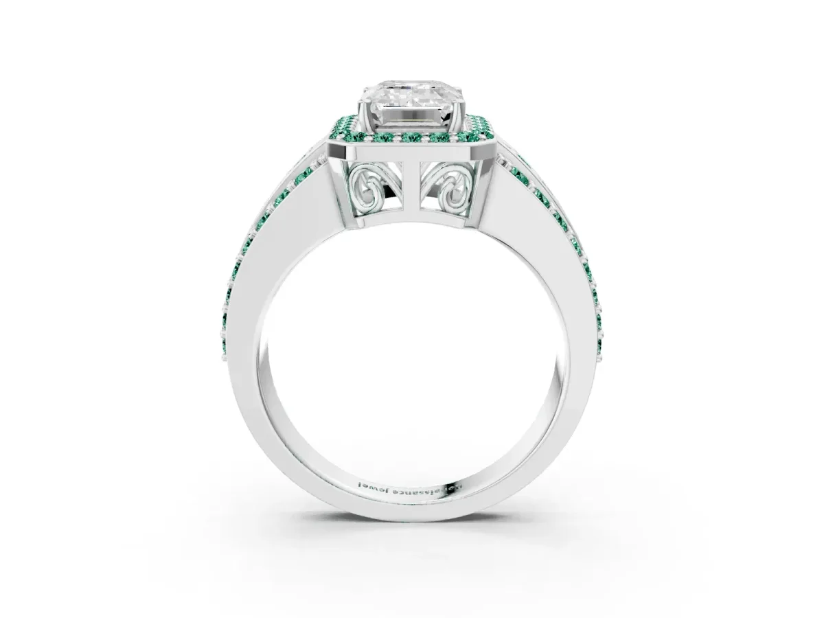 Emerald Cut Halo Diamond Ring with Round Green Sapphire Split Shank and Prong Setting Silver