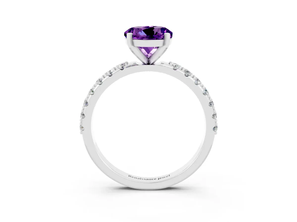 Round Cut Amethyst Solitaire Pavé Band with Four-Prong Setting Platinum
