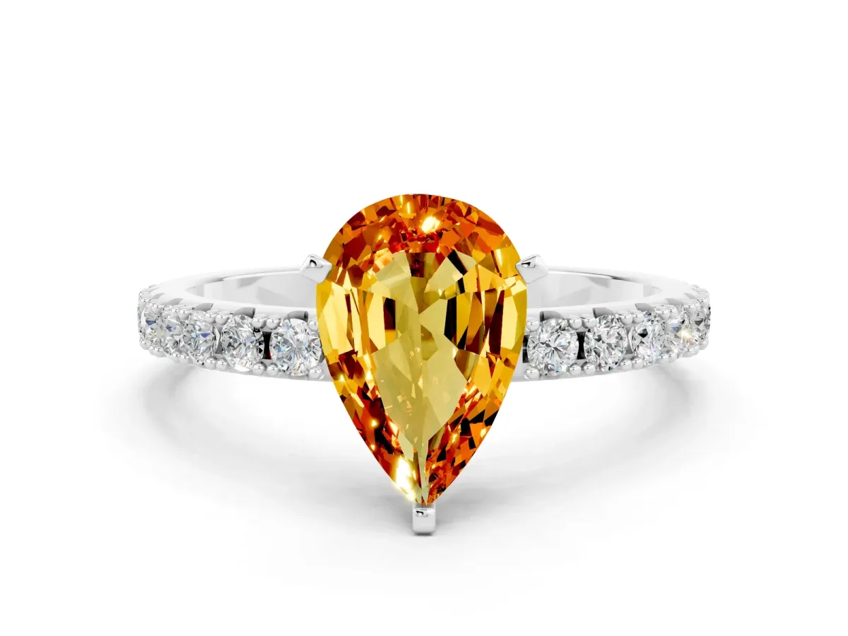 Pear Cut Citrine Solitaire Pavé Band with Four-Prong Setting Silver