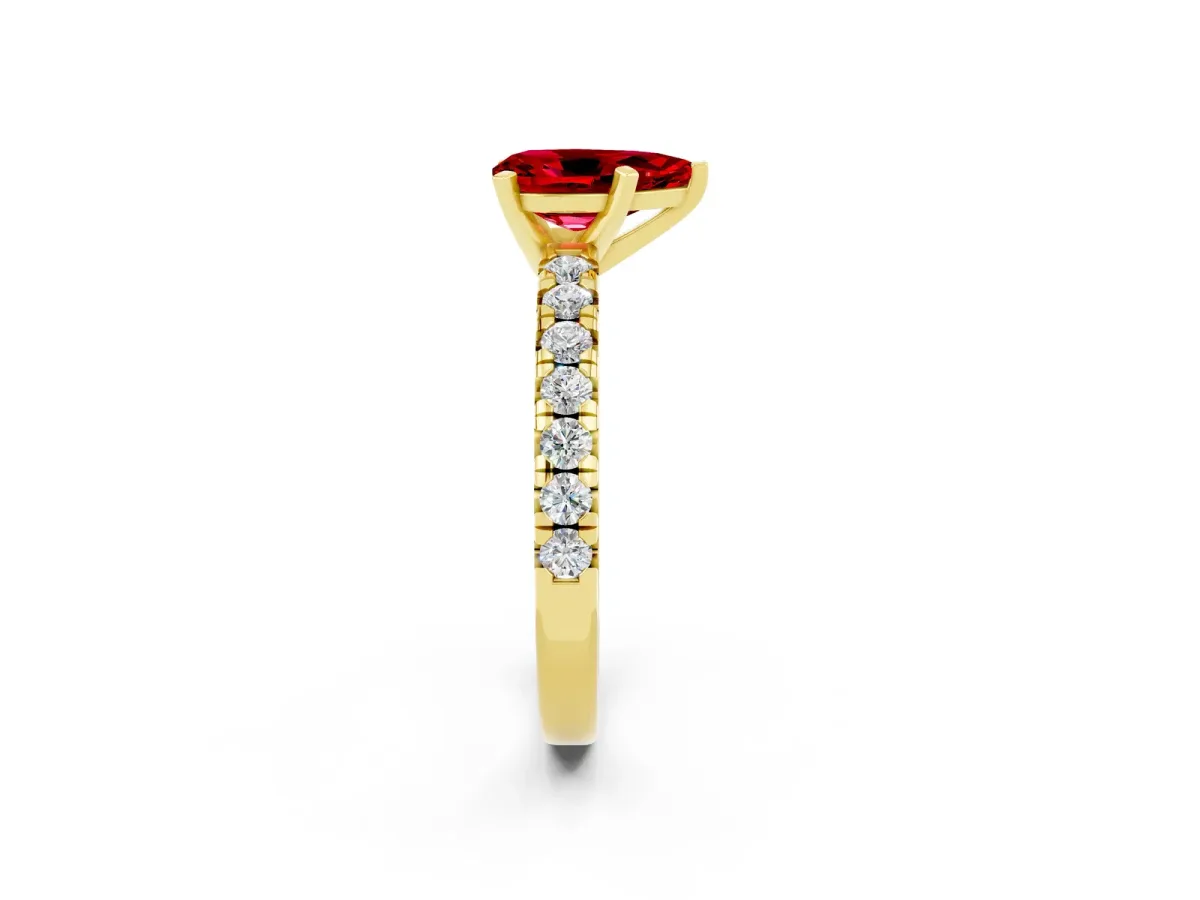 Pear Cut Ruby Solitaire Pavé Engagement Ring with Round Band and Prong Setting Yellow gold
