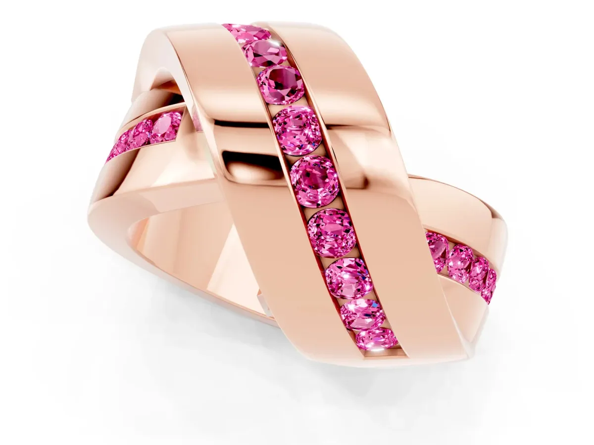 Pavé Round Pink Sapphire Crossover Band with Channel Setting Rose gold