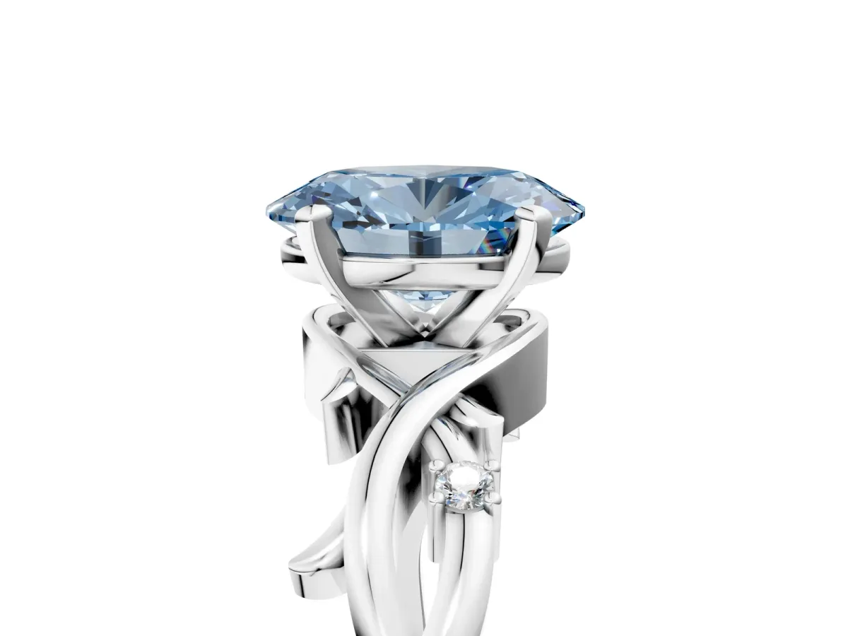 Fancy Blue Oval Cut Diamond Solitaire Ring with Twisted Band and Prong Setting Platinum