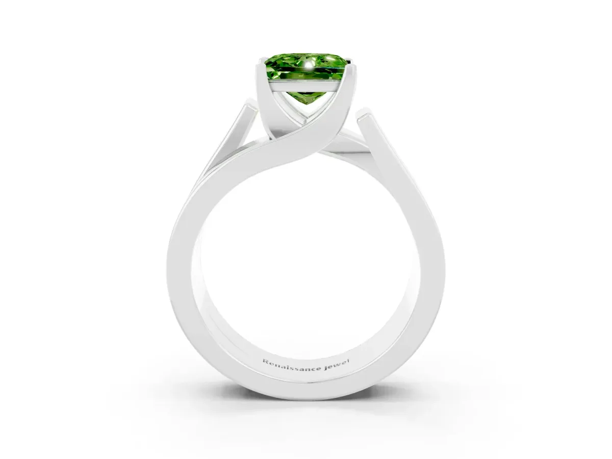 Modern Tension Set Princess Cut Peridot Solitaire Wide Band Ring Silver