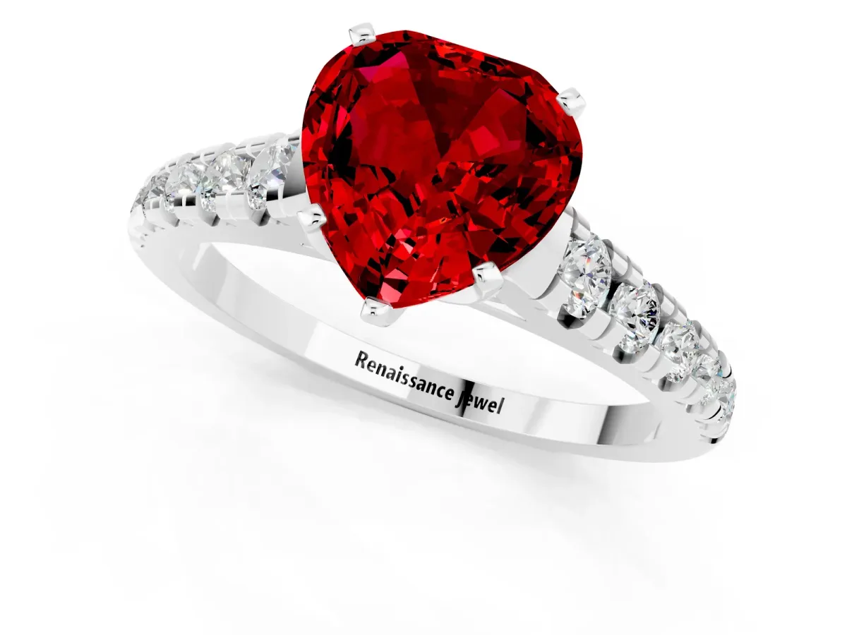 Heart Cut Ruby Cathedral Solitaire Ring with Round Pavé Band Silver