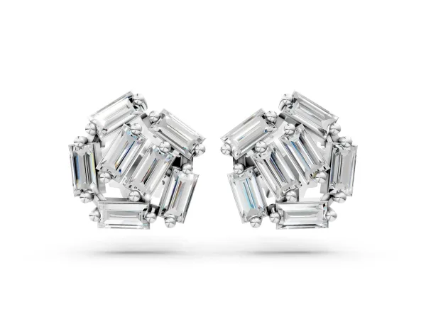 Baguette Diamond Cluster Stud Earrings Silver