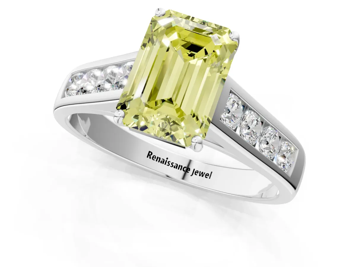 Fancy Yellow Emerald Cut Brilliant Channel-Set Solitaire Ring with Four-Prong Setting White gold