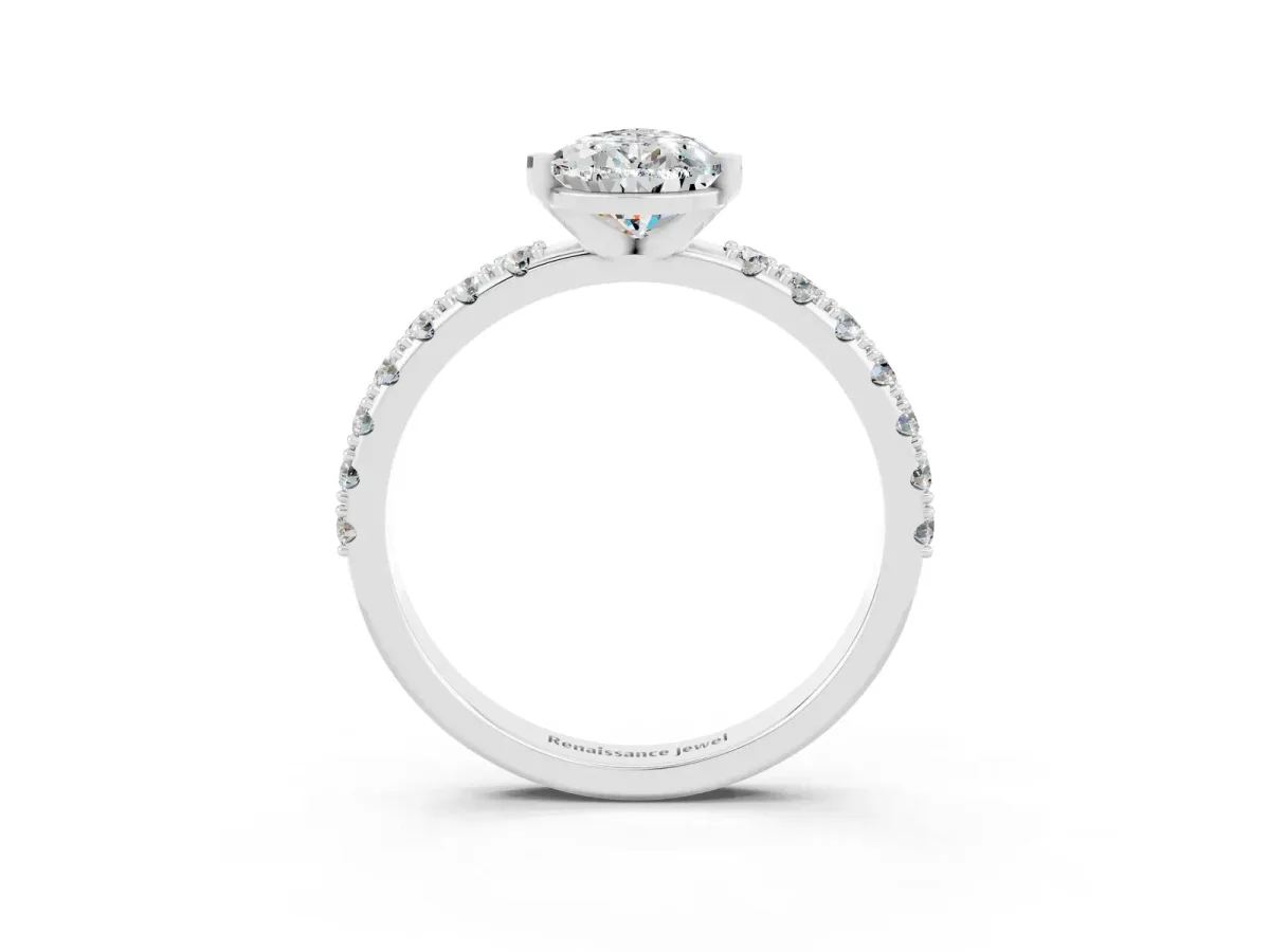 Pear Cut Moissanite Solitaire Pavé Band with Four-Prong Setting Silver