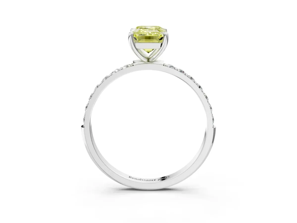Fancy Yellow Emerald Cut Diamond Solitaire Ring with Round Pavé Shoulders and Prong Setting Silver