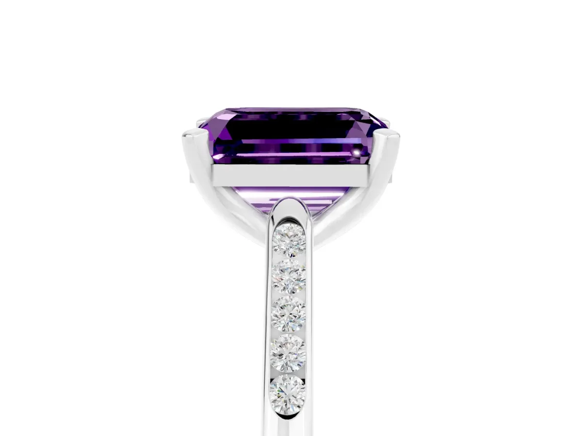 Emerald Cut Amethyst Solitaire Ring with Channel Set Round Band and Prong Setting Silver