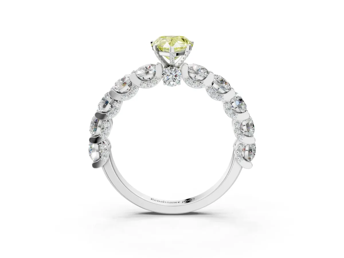 Fancy Yellow Pear Cut Diamond Side Stone Engagement Ring with Four-Prong Setting Silver