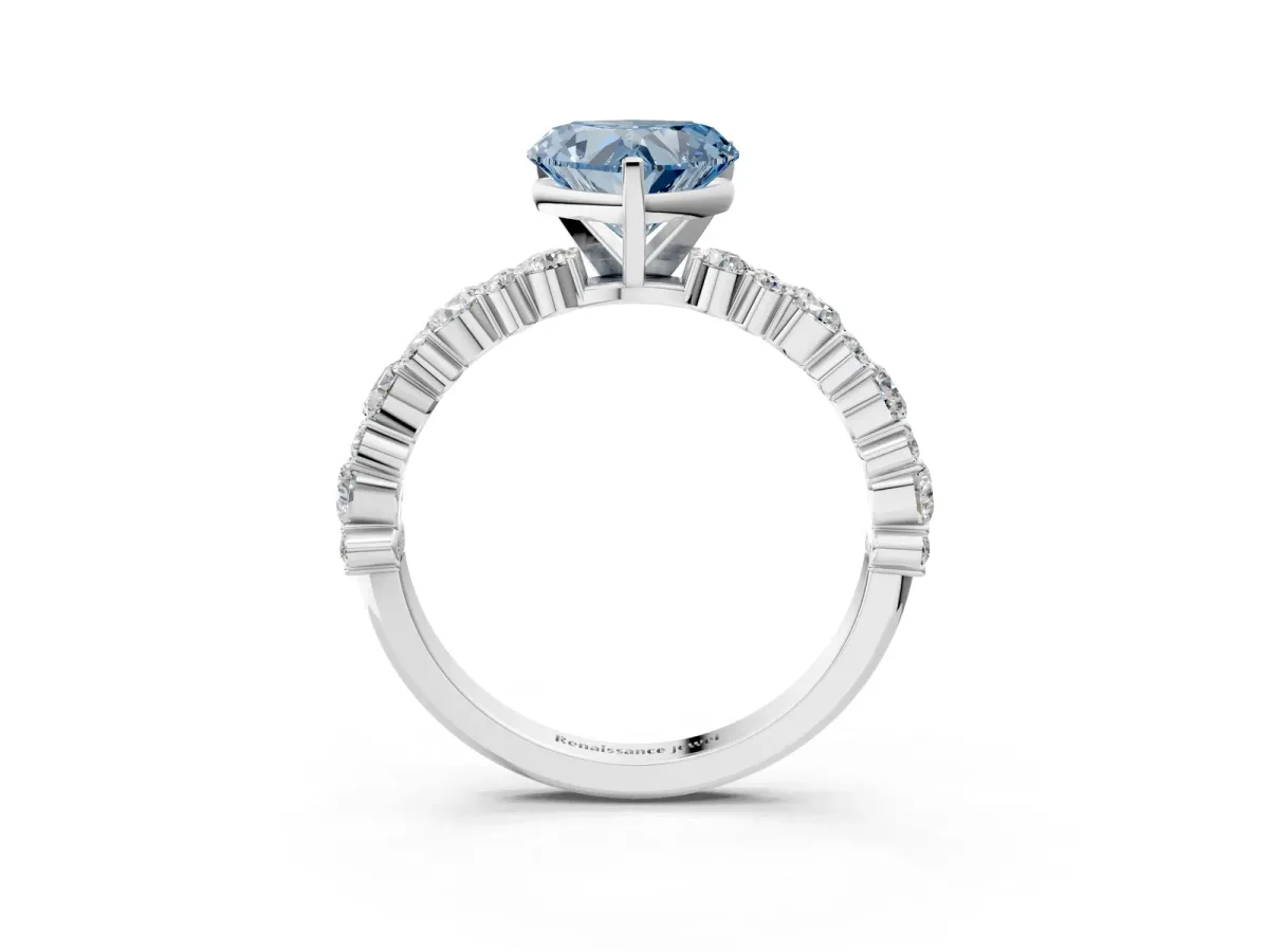 Fancy Blue Heart Cut Diamond Side Stone Solitaire Ring with Round and Four-Prong Setting Silver