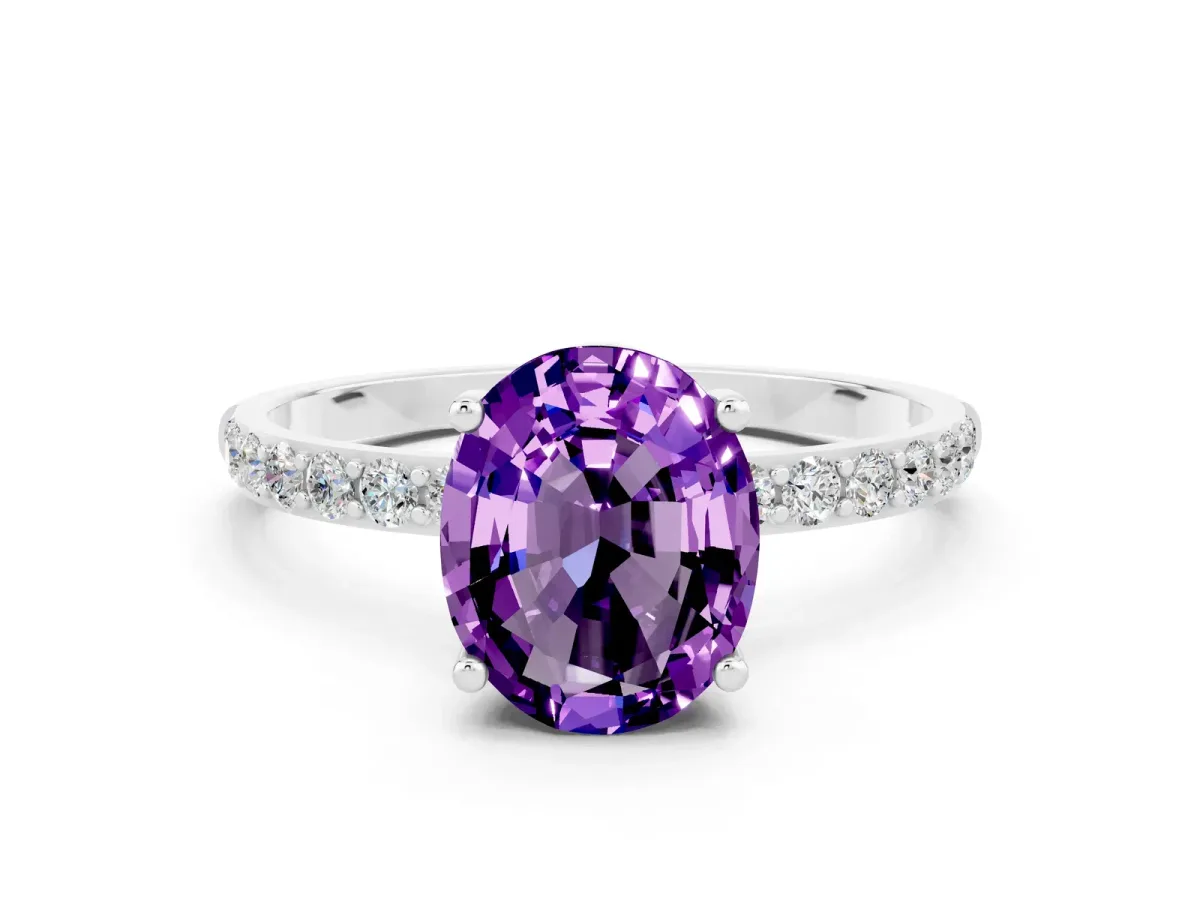 Oval Cut Amethyst Solitaire Ring with Round Pavé Band and Prong Setting Platinum