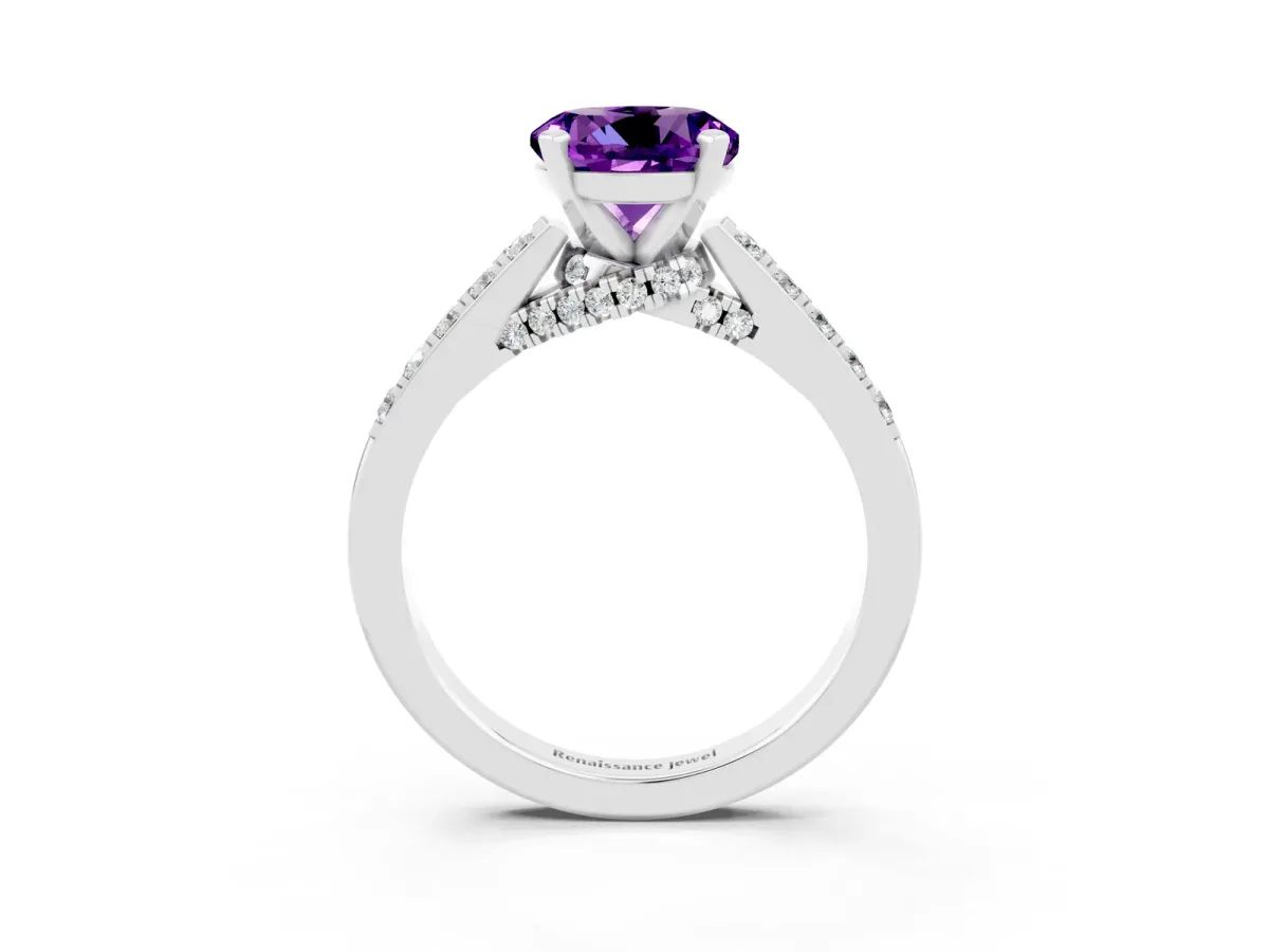 Round Cut Amethyst Solitaire Ring with Crossover Gallery and Round Pavé Band Silver