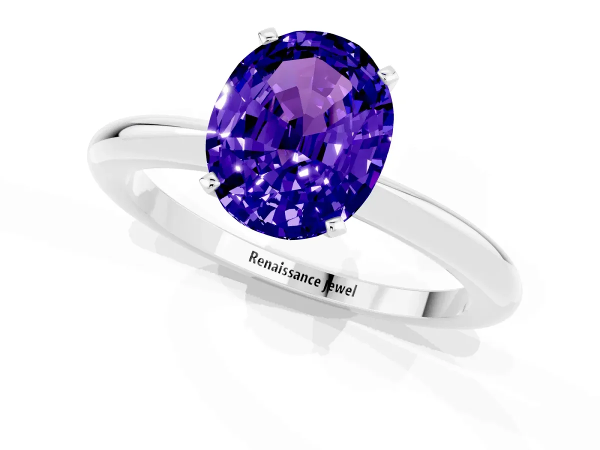 Oval Cut Tanzanite Solitaire Ring with Six-Prong Setting and Classic Band Silver