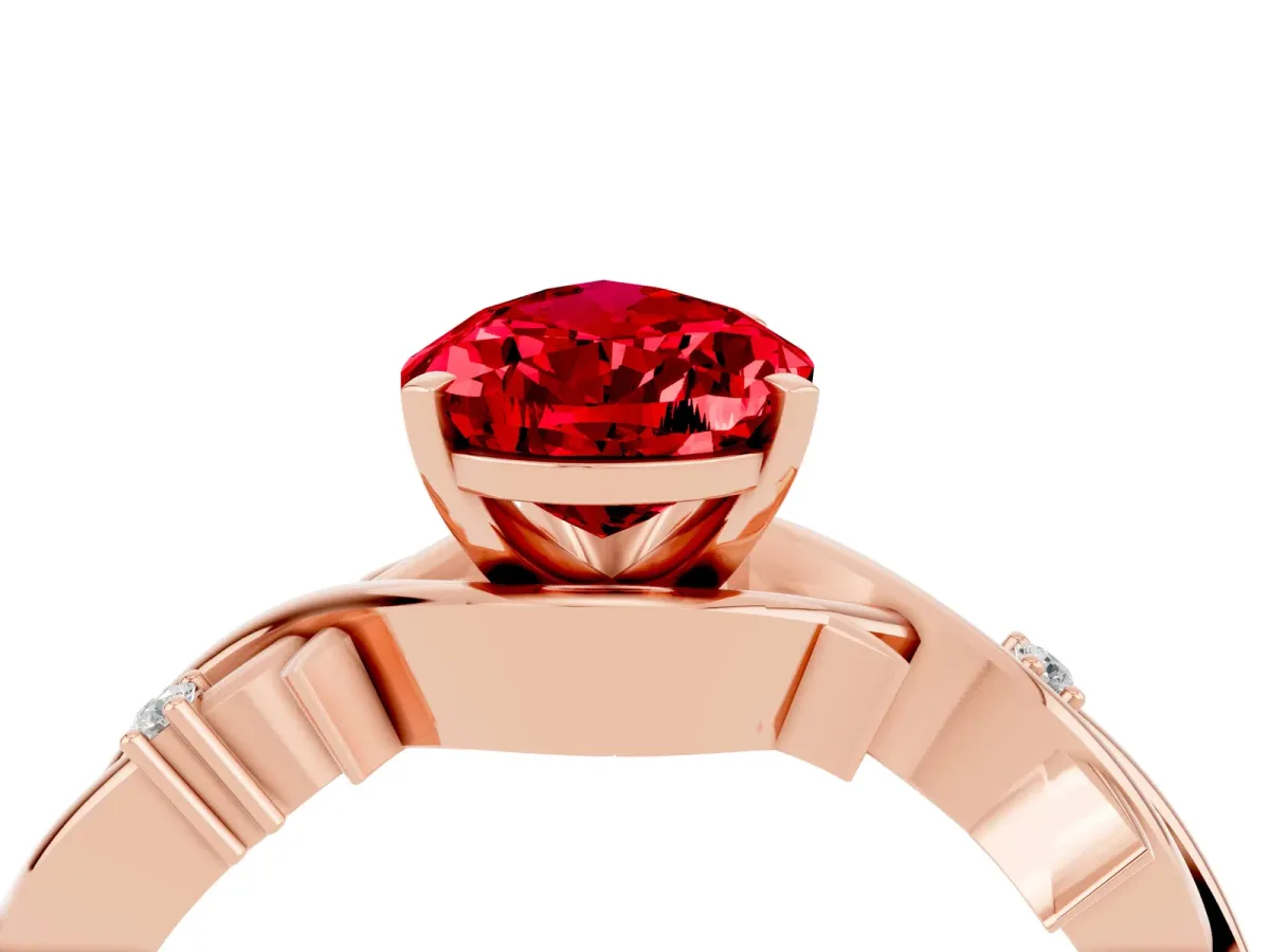 Pear Cut Ruby Solitaire Ring with Twisted Band and Prong Setting Rose gold