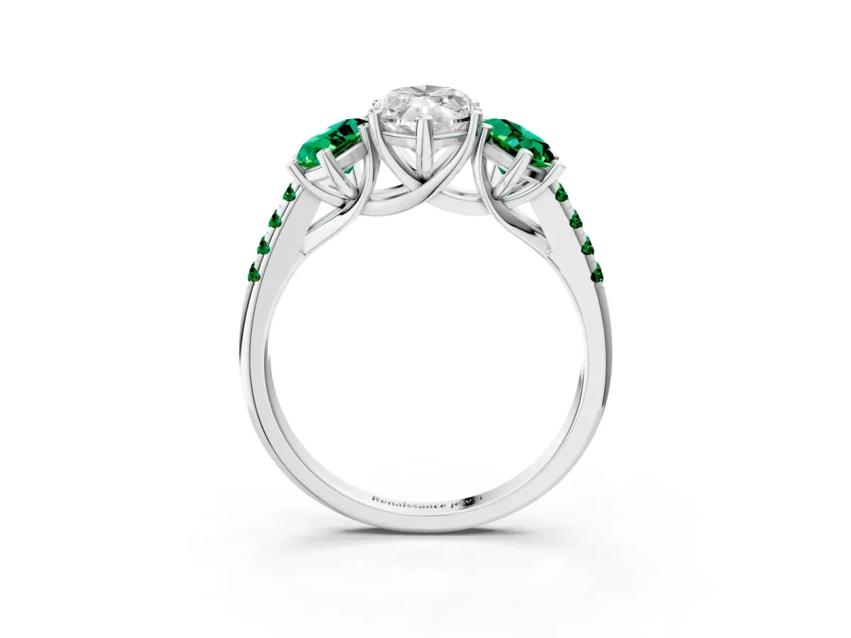 Three-Stone Marquise Cut Diamond Ring with Round Emerald Pavé Band and Prong Setting Silver