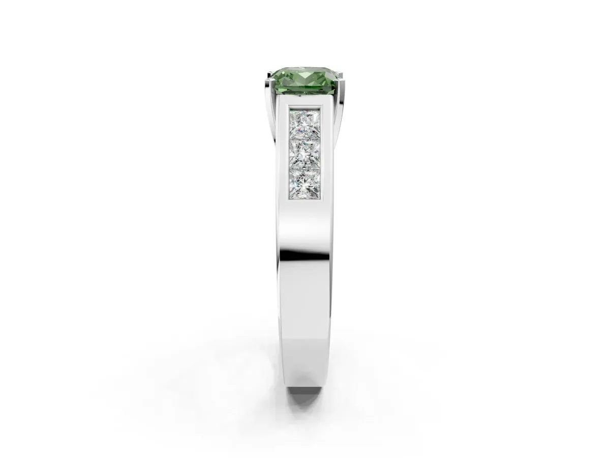 Fancy Green Cushion Cut Cut Channel Set Solitaire Ring with Four-Prong Setting Silver