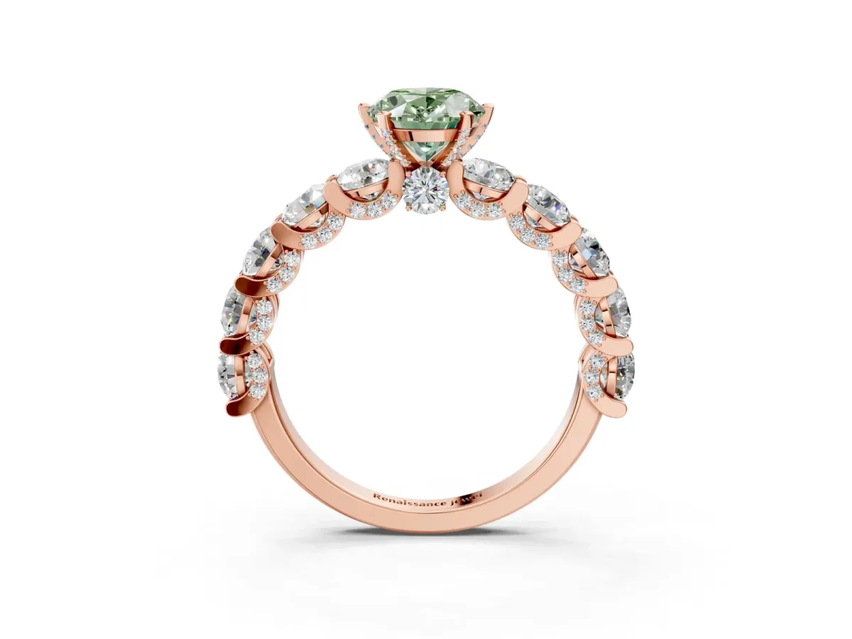 Fancy Green Oval Cut Diamond Side Stone Engagement Ring with Four-Prong Setting Rose gold