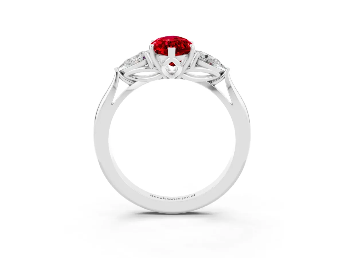Marquise Cut Ruby Three-Stone Ring with Pear Side Stones and Prong Setting Silver